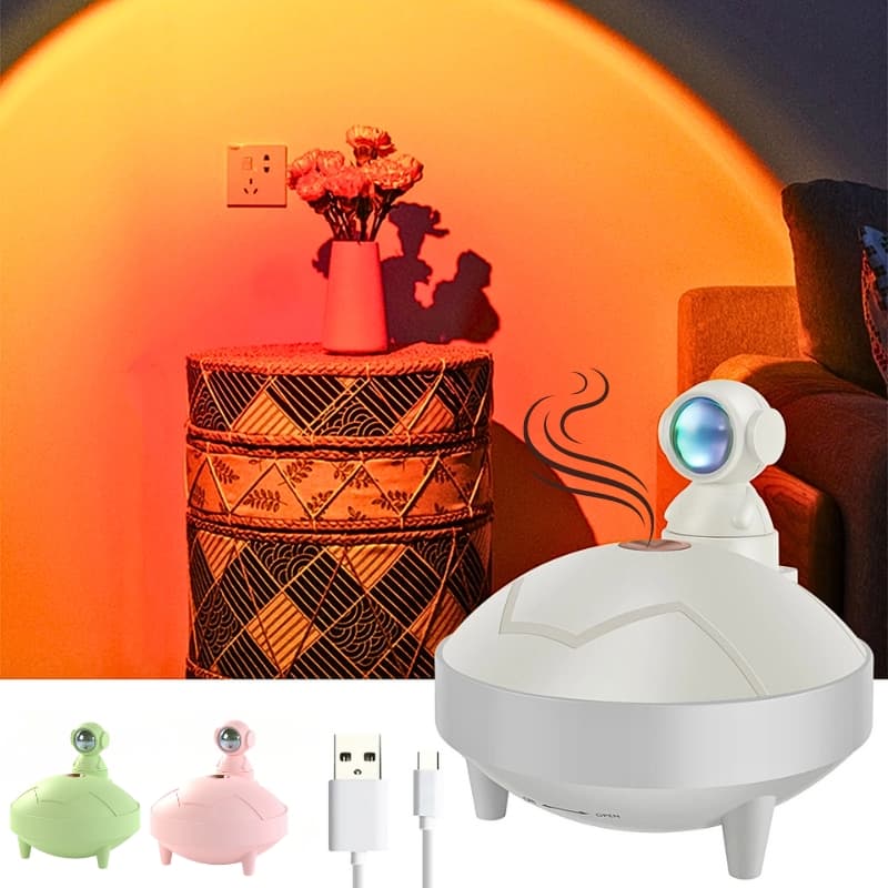 Lampe de coucher de soleil d'astronaute et humidificateur d'air sans fil, diffuseur à batterie Rechargeable1200mAh
