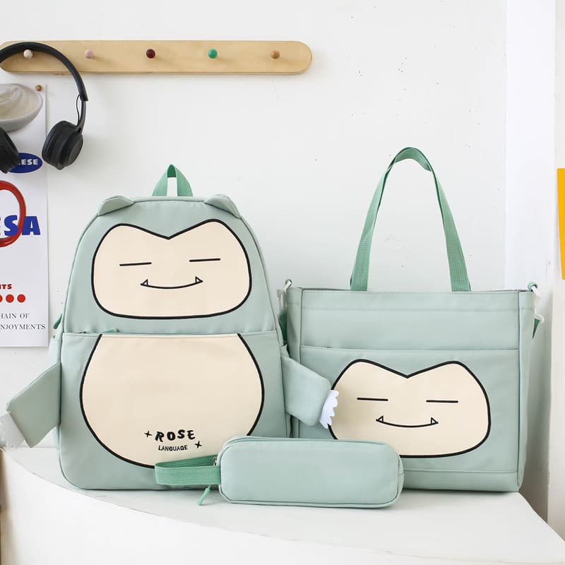 Ensemble de Sacs Snorlax 3Pcs Design Kawaii Vert – حقيبة مدرسية 3 قطع لون أخضر