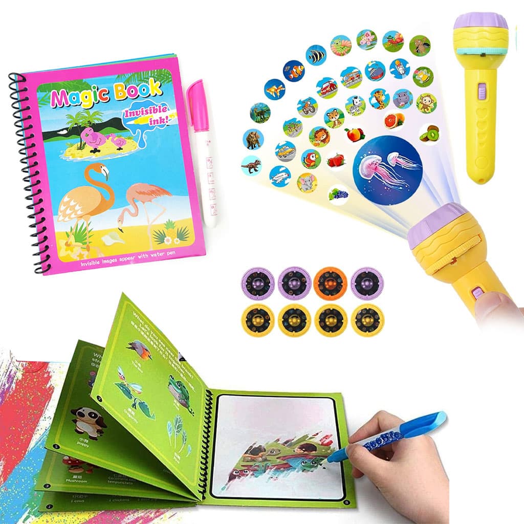 Pack Magic Book réutilisable avec des dessins animés  + Projecteur enfants compacte 24 motifs