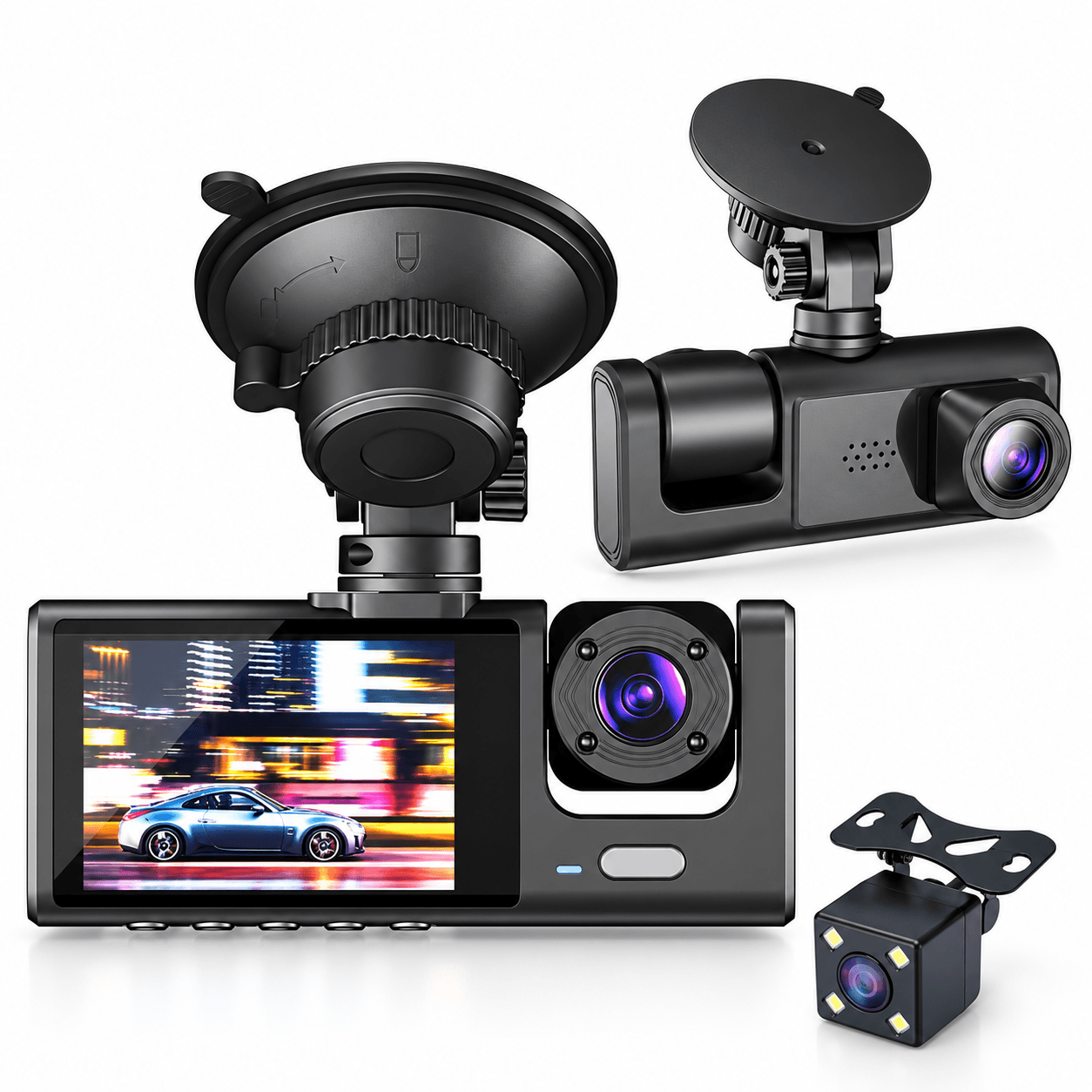 Black Box Caméra d'Aide au Stationnement et Dashcam Voiture 3 Canaux 1080P Full HD - كاميرا قيادة السيارات الثلاثية مع شاشة وزاوية عريضة 170 درجة