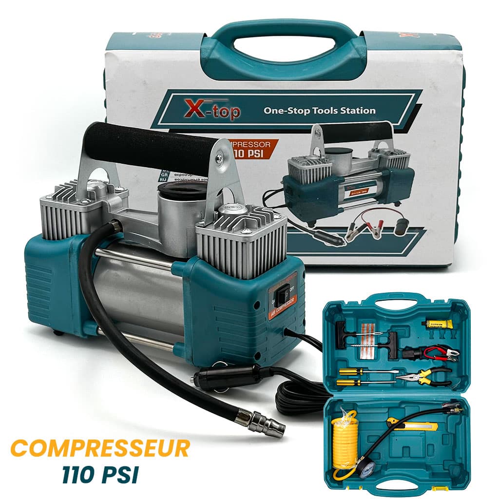 XTop Compresseur d’Air Double Cylindre avec Kit de réparation 12V -110PSI – نافخ عجلات السيارة مع أدوات التصليح